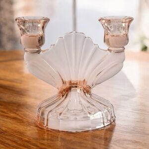Jeannette Glass Company 1930s Pink Swirl Depression Glass Double Candleholder